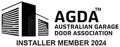 Australian Garage Door Association AGDA Installer Member 2024 logo with building graphics.